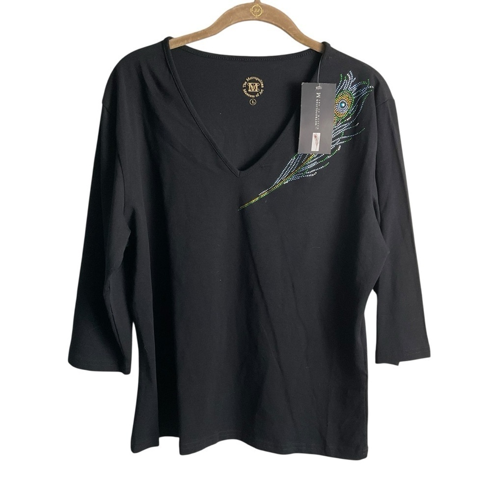 Metropolitan Museum of Art Black V-Neck with Rhinestone Peacock Feather Design